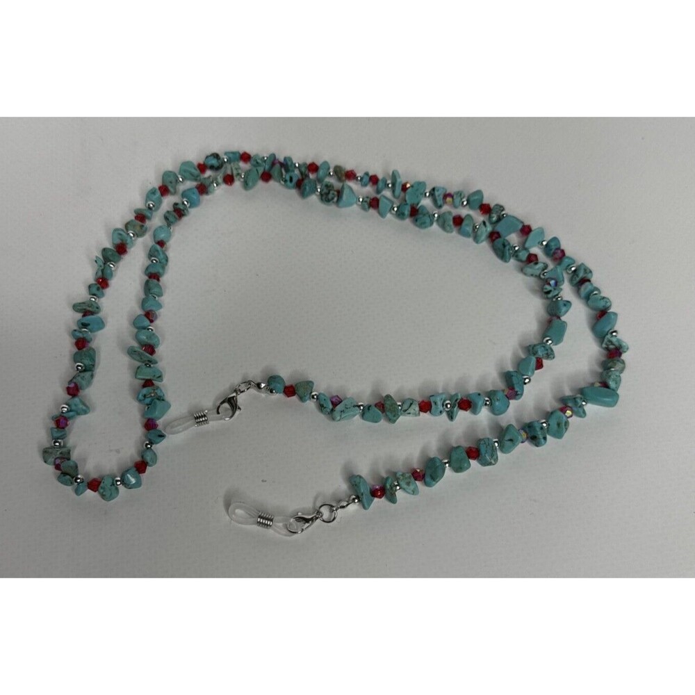 Eyeglass Chain 32" Turquoise Chips 4MM Red Glass Bicone Beads Handmade